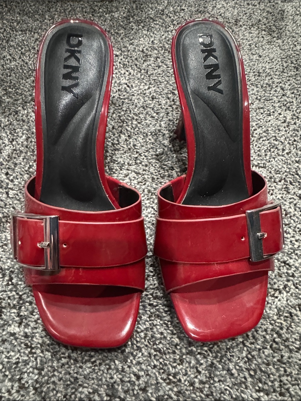 DKNY Red Patent Slide Mules with Buckle